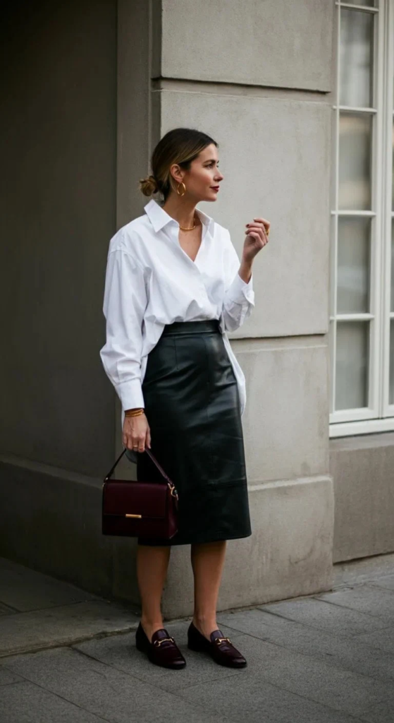 Oversized Shirt with Leather Pencil Skirt