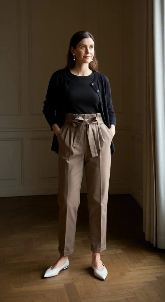 Paperbag Waist Pants with Fitted Cardigan