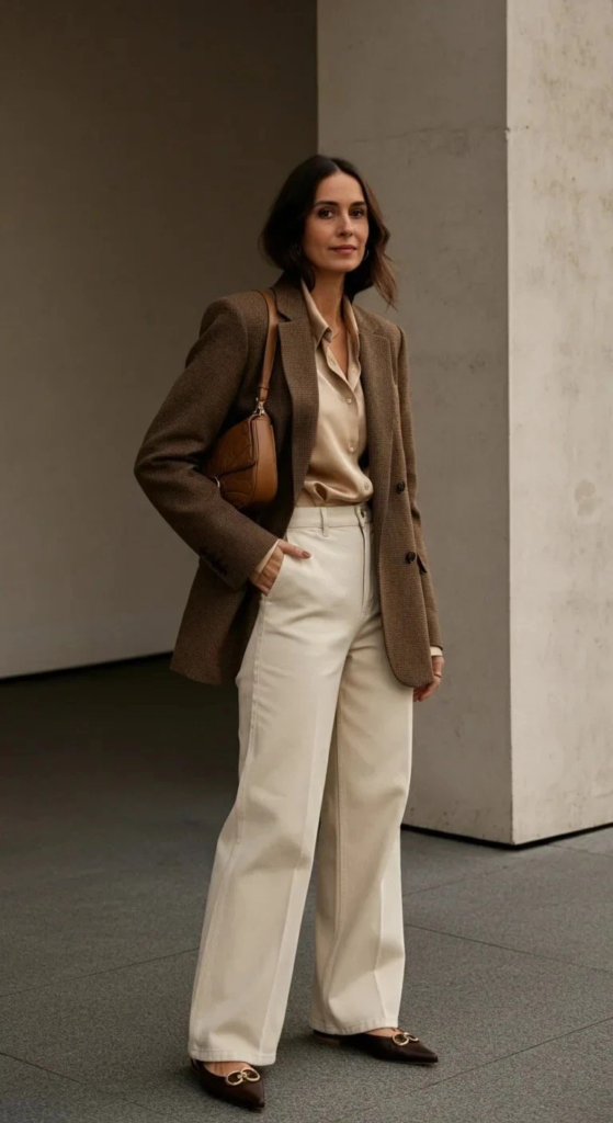 Classic Tweed Blazer with Wide-Leg Pants
