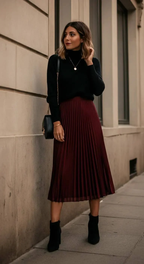 Midi Pleated Skirt with Turtleneck