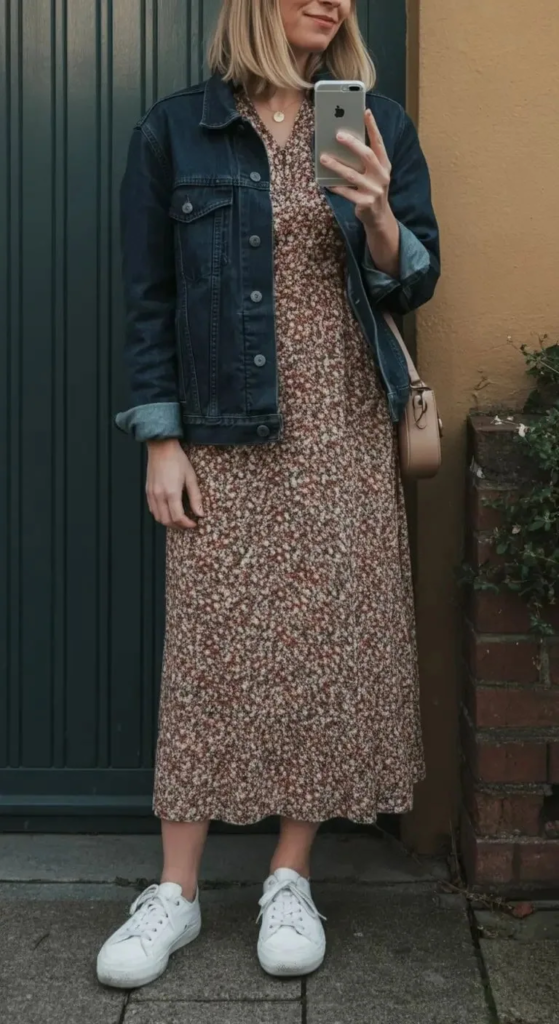 Printed Midi Dress with Denim Jacket