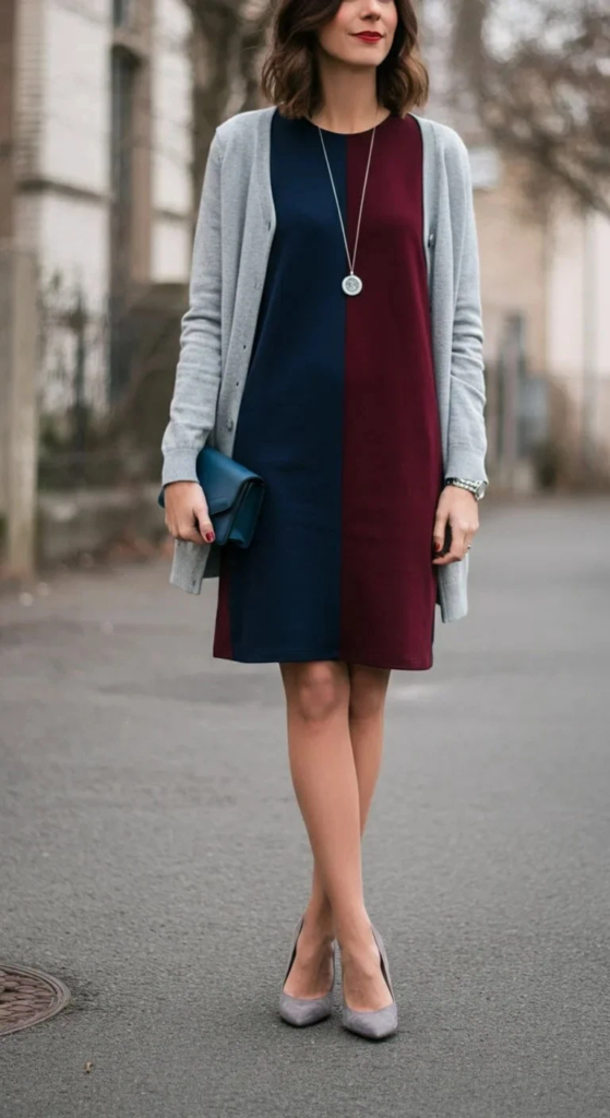 Color Block Dress with Cardigan