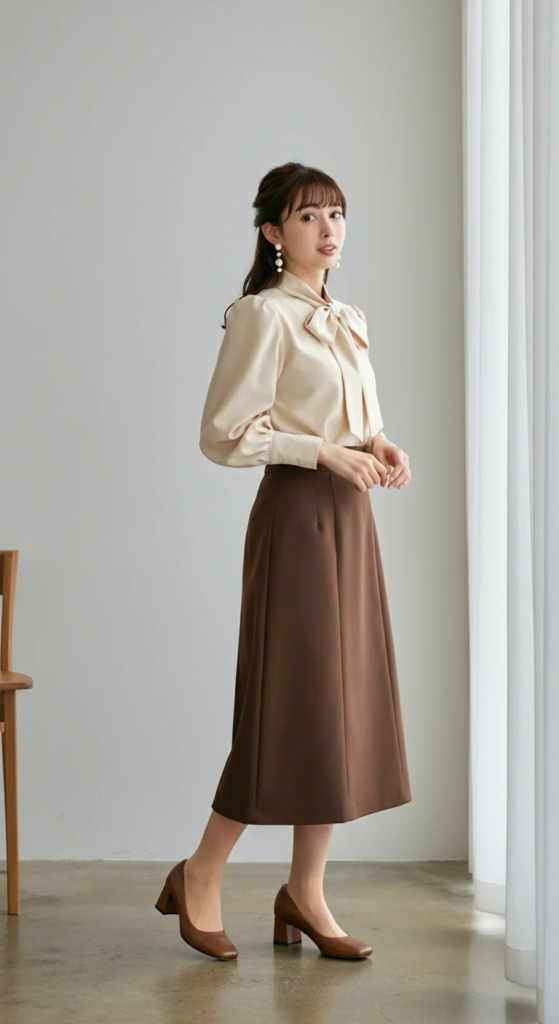Bow Blouse with A-Line Skirt