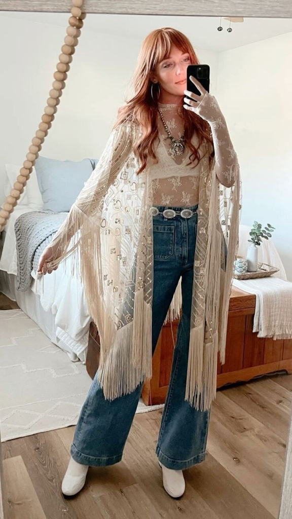 Boho Fringe Cardigan With Dark Denim