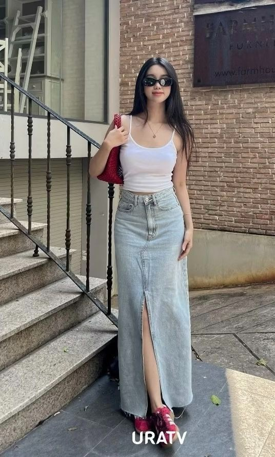 White Tank and Denim Maxi Skirt