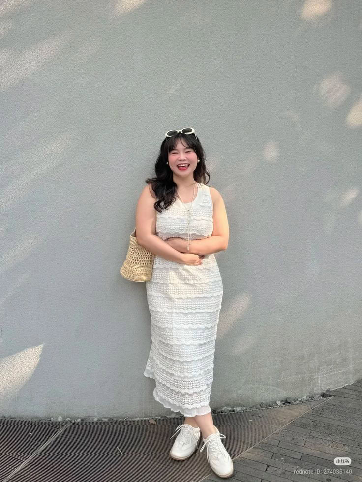 Textured White Dress with Woven Accessories