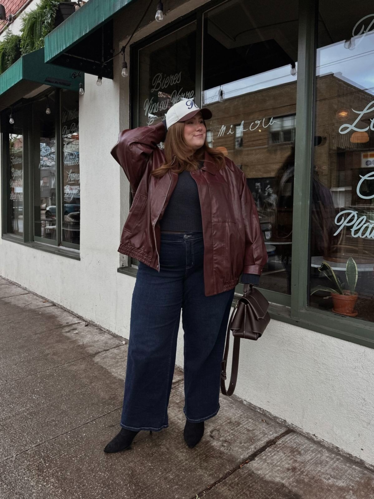 Burgundy Leather Jacket with Wide-Leg Jeans