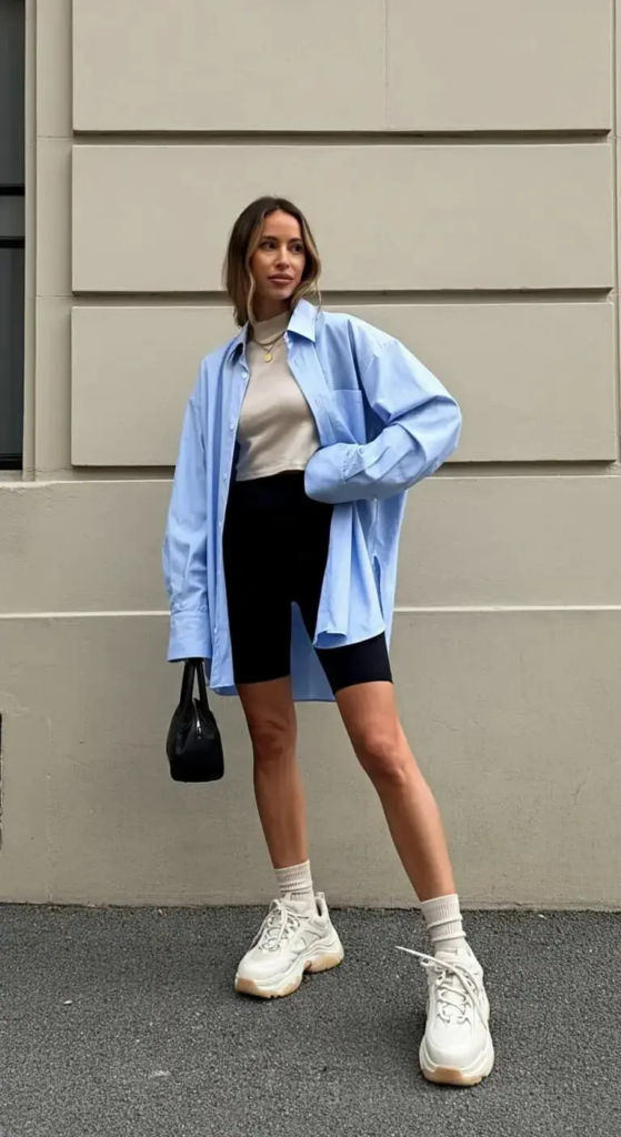 Oversized Button-Down with Bike Shorts