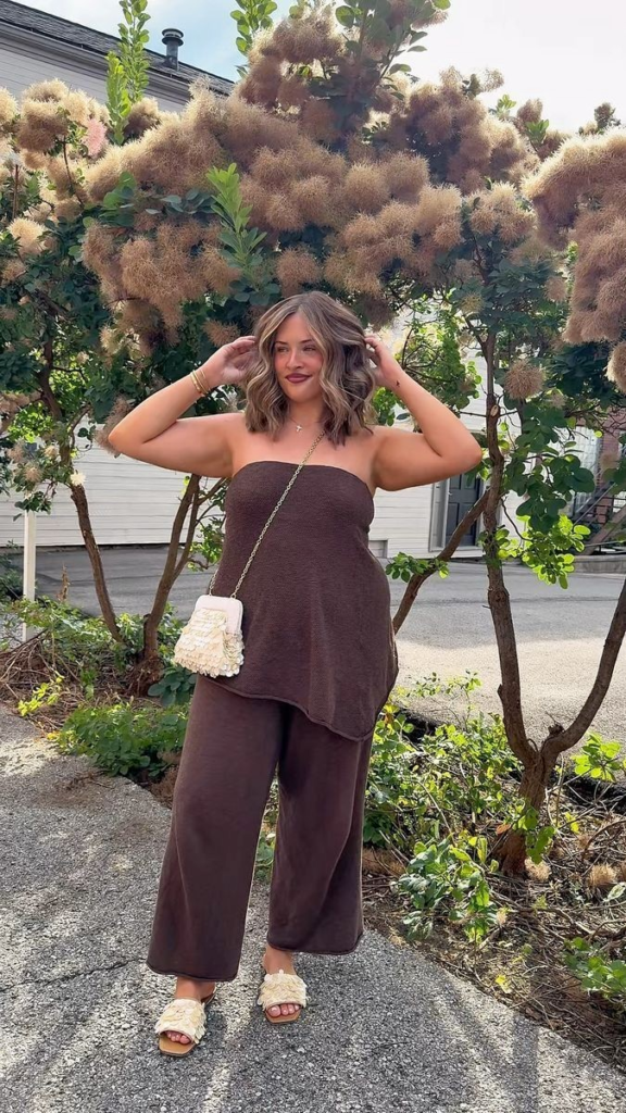 Chocolate Strapless Jumpsuit with Cream Details