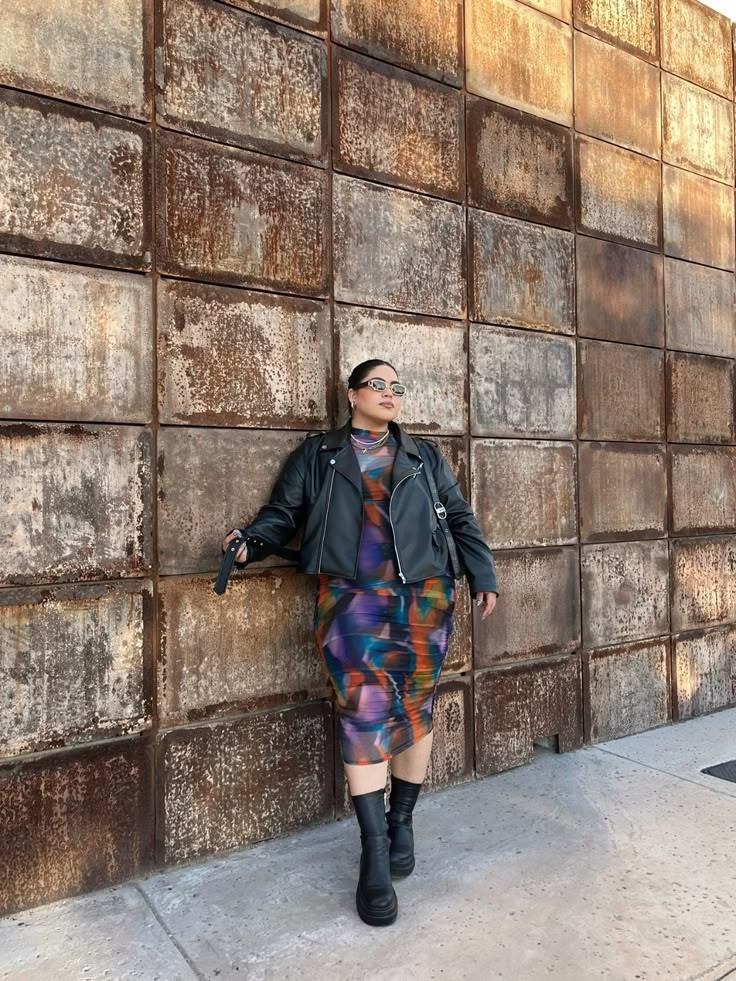 Bold Print Midi Skirt with Leather Jacket