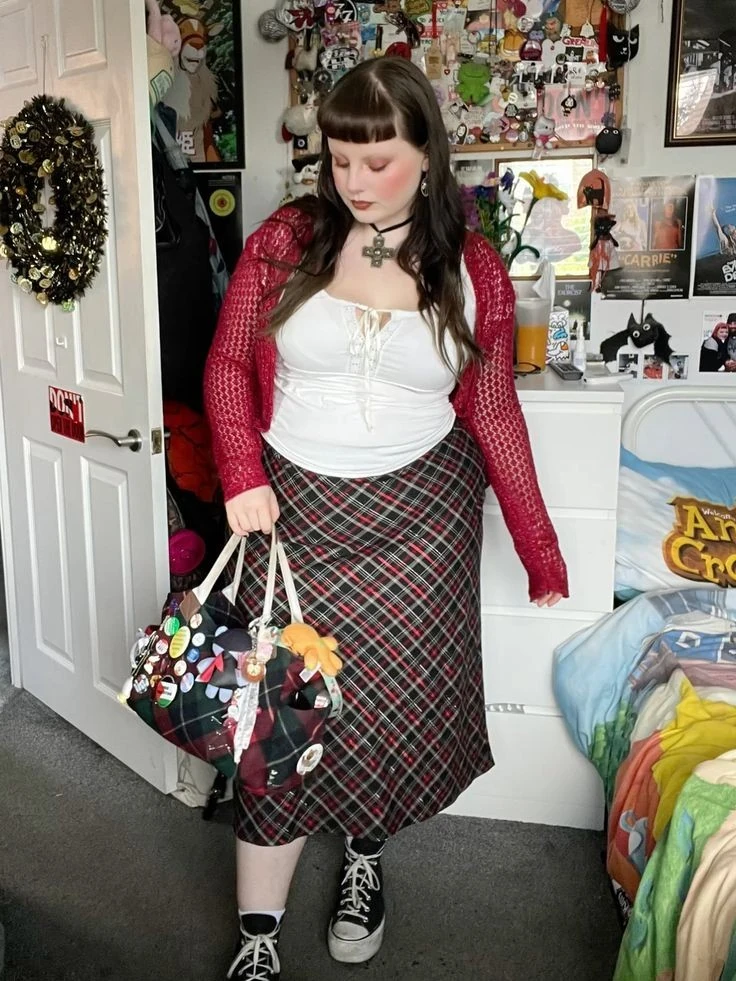 Burgundy Cardigan with Plaid Midi Skirt