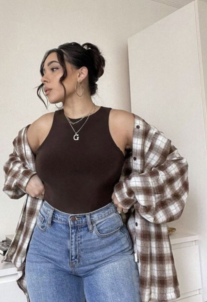 Oversized Plaid Shirt Over Tank Top