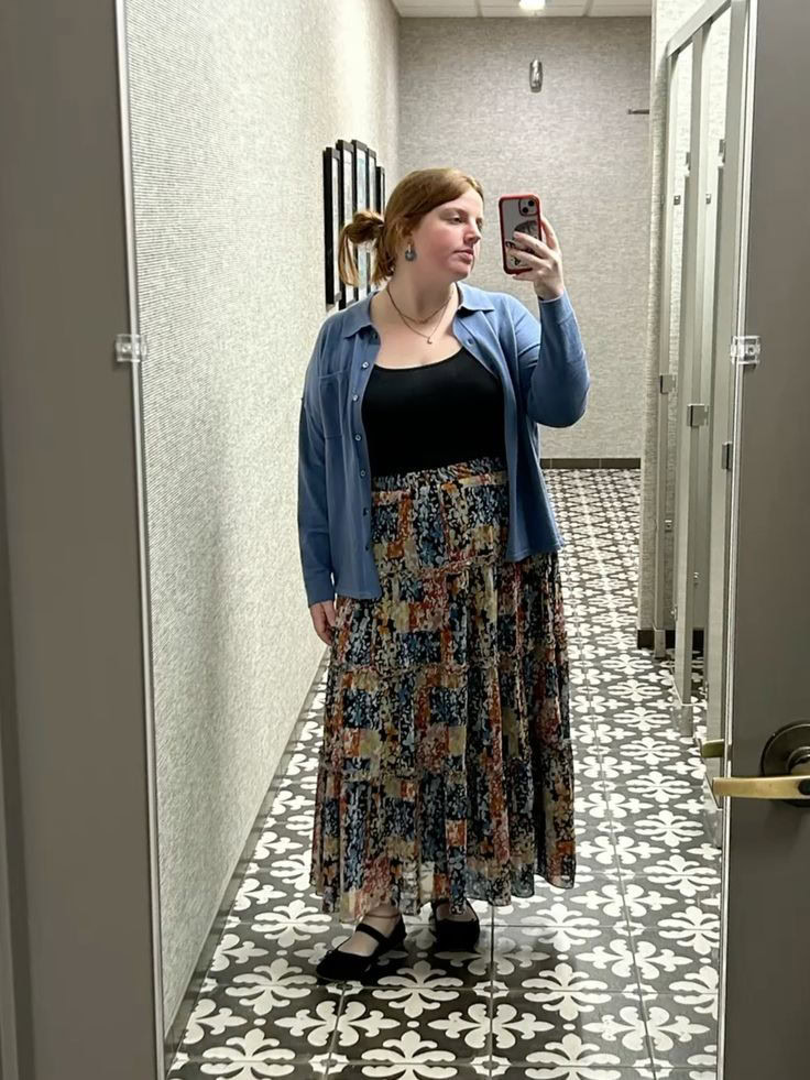 Chambray Shirt with Patterned Midi Skirt