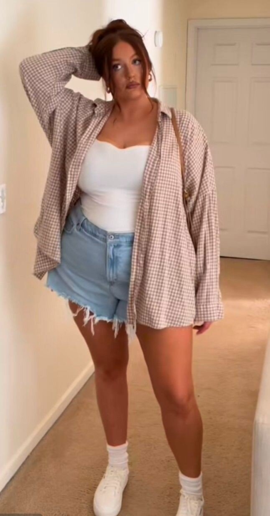 Oversized Plaid Shirt with Distressed Denim