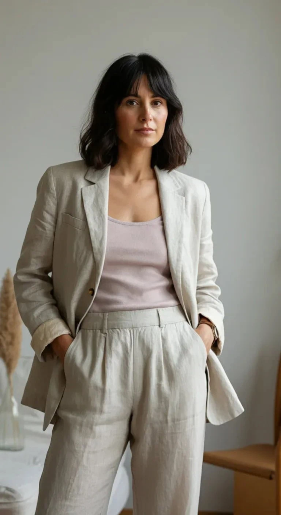 Outfit 1: Linen Blazer with Pastel Tank Top and Trousers