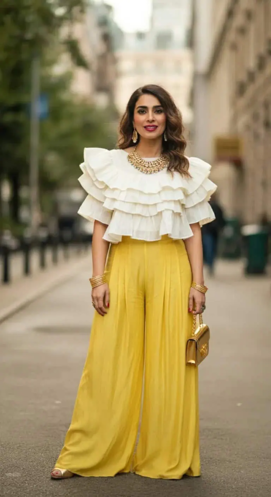 Ruffled Crop Top with High-Waisted Palazzo Pants