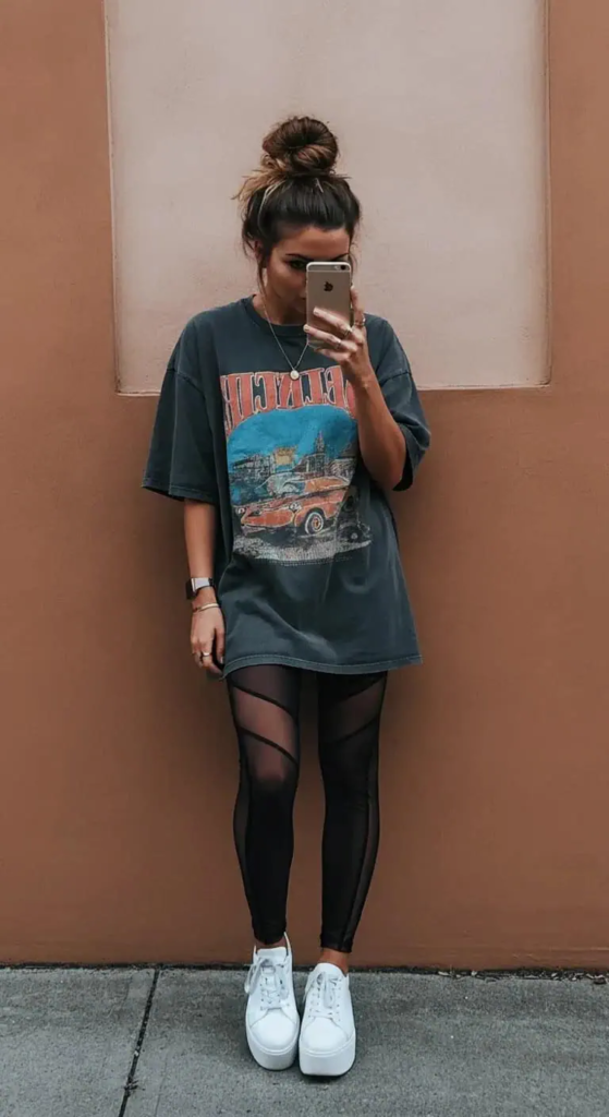 Oversized Graphic Tee and Mesh Panel Leggings