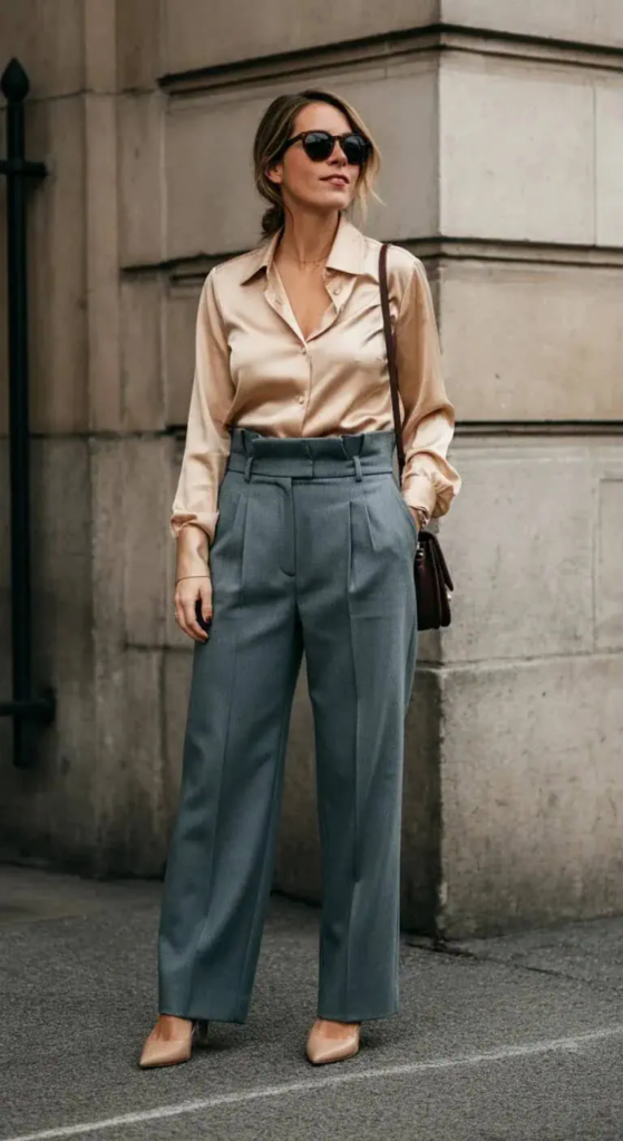 Outfit 3: High-Waisted Pants with a Silk Blouse