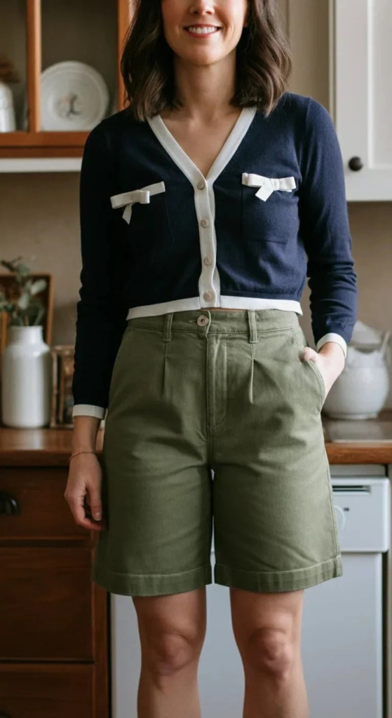 Bermuda Shorts and Ribbon-Trim Cardigan