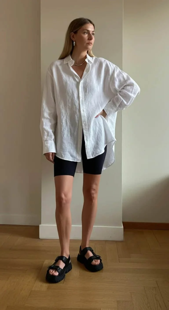 5. Oversized Button-Down & Bike Shorts