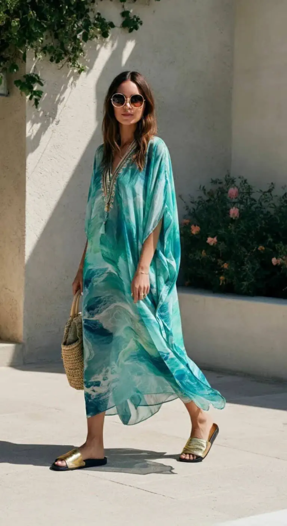 14. Printed Caftan & Slide Sandals