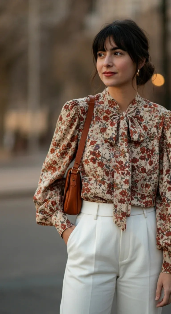 Outfit 7: Floral Blouse with White Trousers