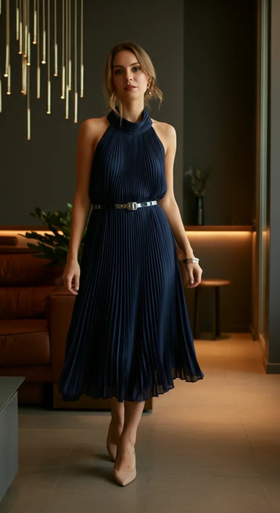 Navy Blue Pleated Halter Dress