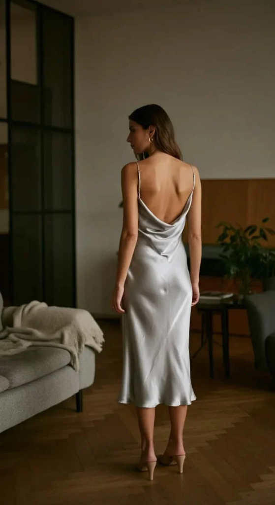 Silver Gray Slip Dress with Cowl Back