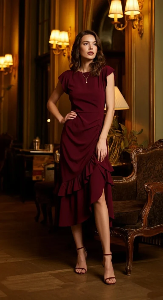 Wine Red Ruched Dress