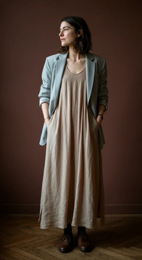Outfit 15: Sleeveless Maxi Dress with a Lightweight Blazer