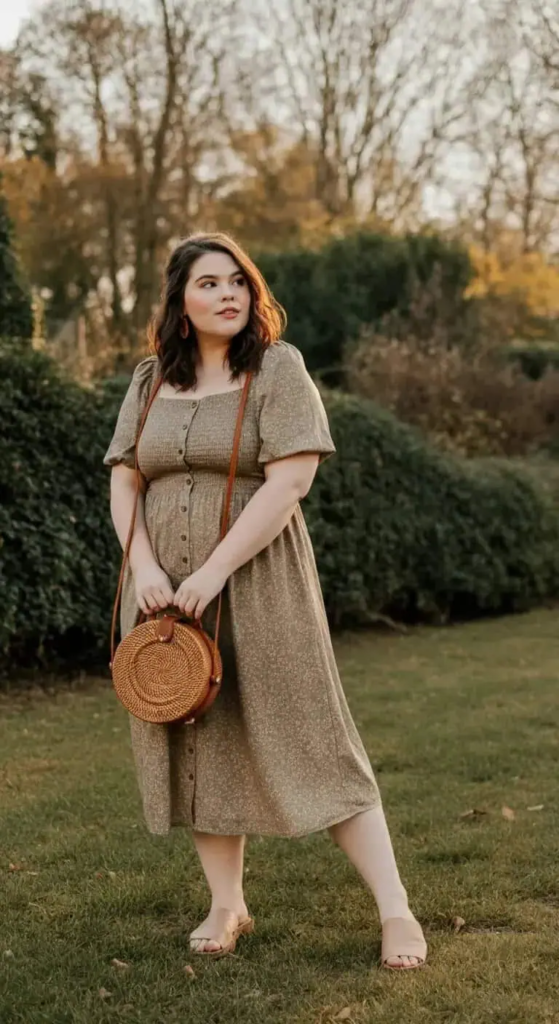 Midi Sundress with Rattan Bag