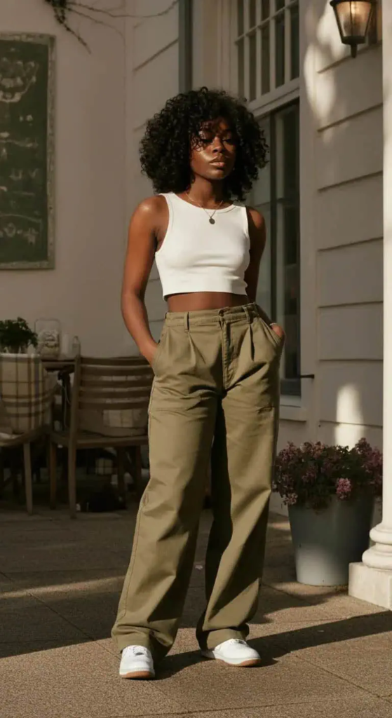 High-Waist Khaki Pants and White Crop Top
