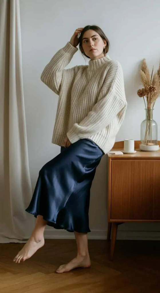 Silk Slip Skirt with Oversized Sweater