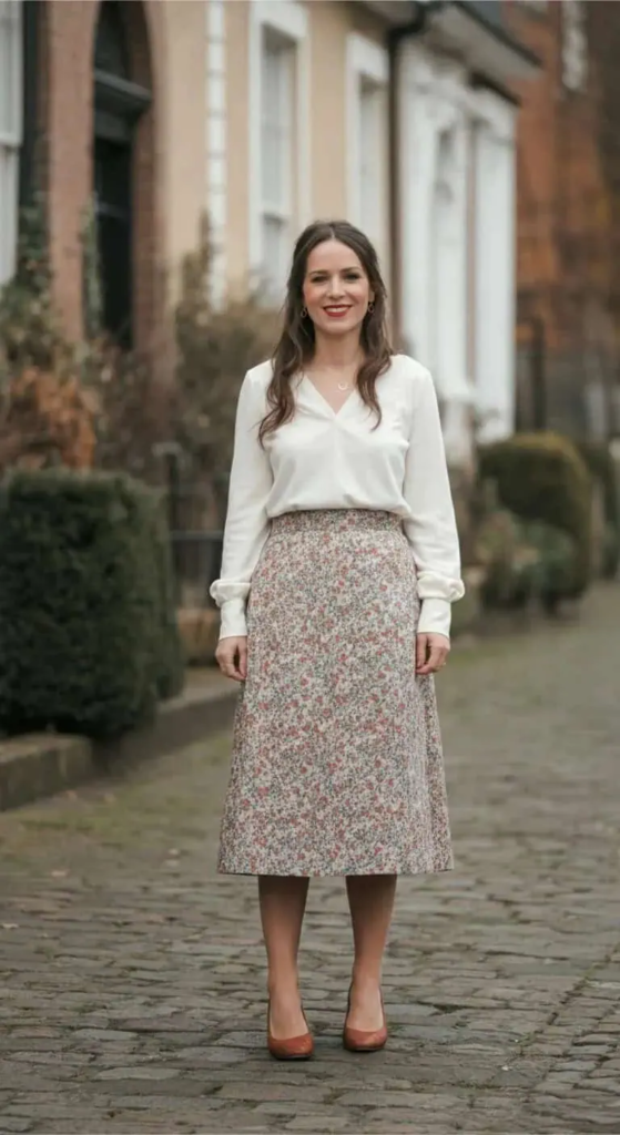 A-Line Midi Skirt with Tucked Blouse