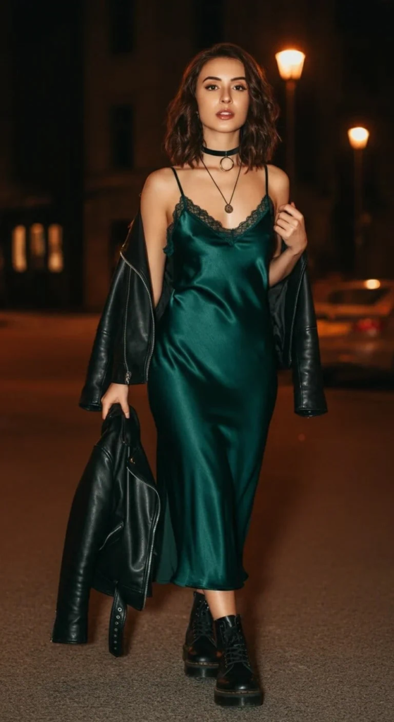 Satin Slip Dress with Combat Boots