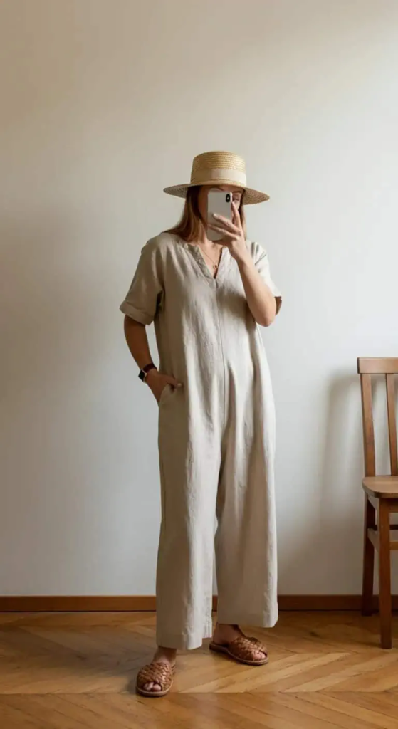 Linen Jumpsuit with Woven Slides