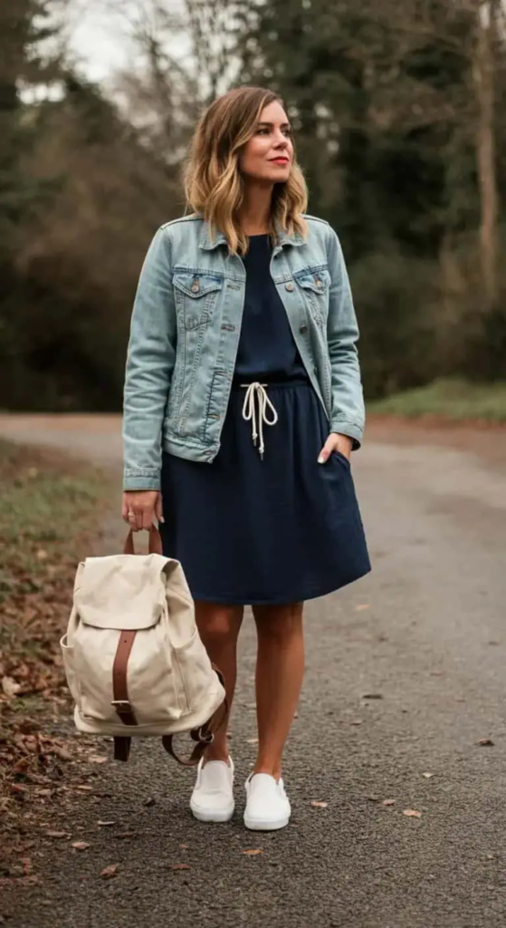 Drawstring Dress with Denim Jacket
