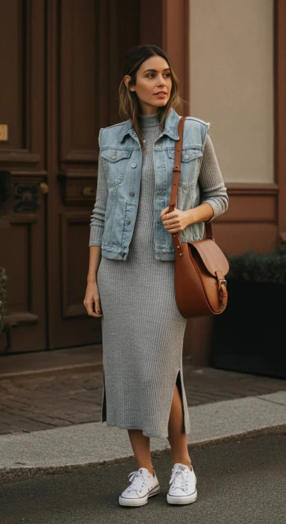 Knit Midi Dress with Denim Vest