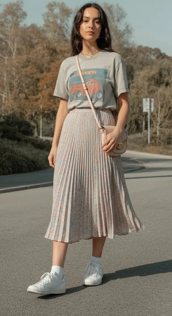 Printed Midi Skirt and Graphic Tee