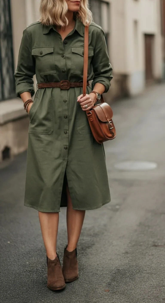Modern Utility Dress with Leather Accessories