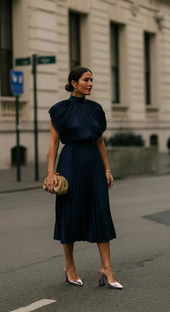 Pleated Midi Dress with Architectural Details