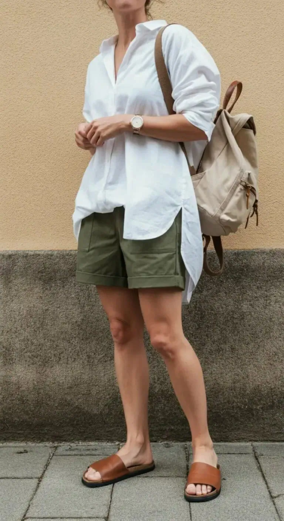 Loose Cotton Shirt with Paper Bag Shorts