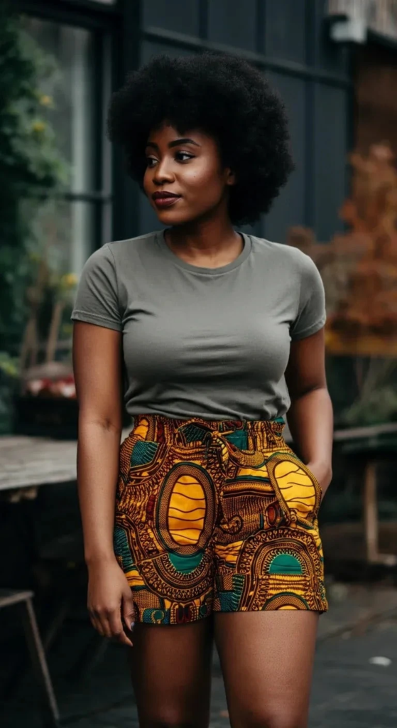 African Print High Waist Shorts and Plain Tee