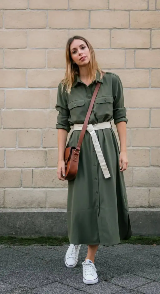 Midi Shirt Dress with Canvas Belt
