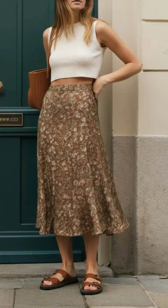 Printed Midi Skirt with Cropped Tank