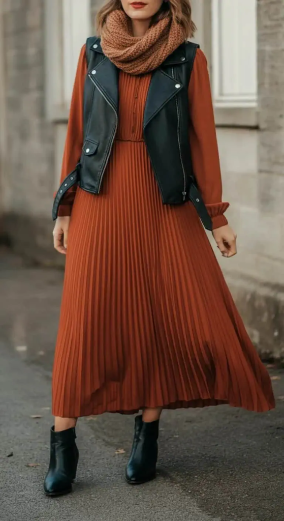 Pleated Maxi Dress with Leather Vest