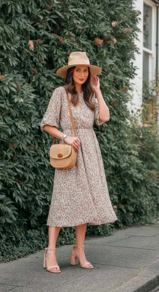 Floral Midi Dress with Straw Accessories