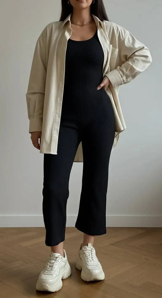 Ribbed Unitard with Oversized Shirt