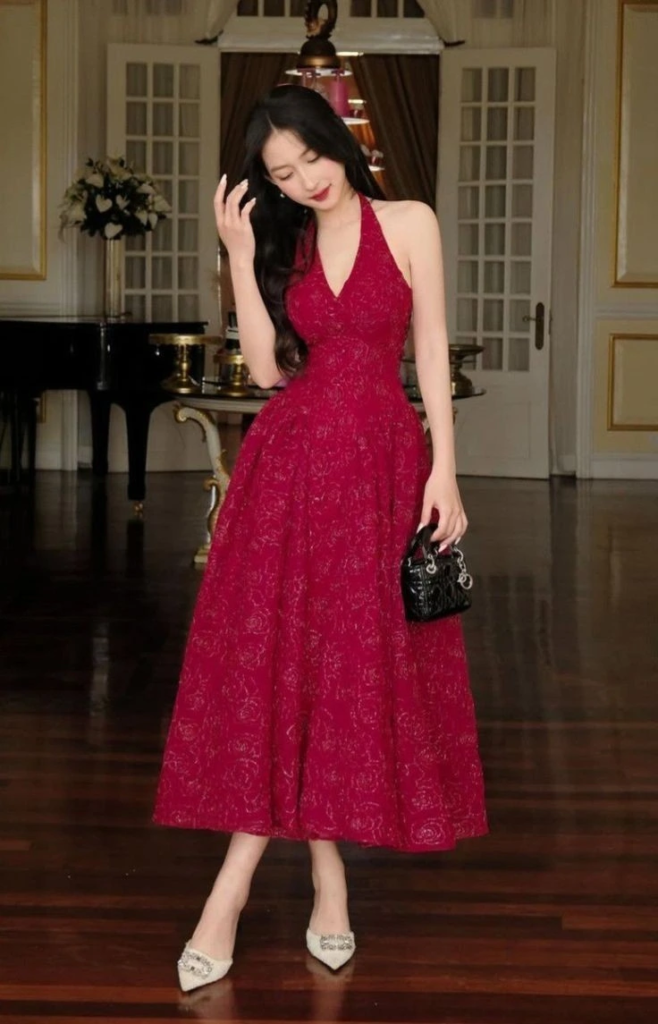 Elegant Burgundy Halter Midi Dress