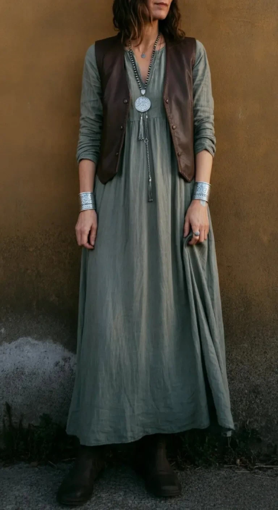 Layered Maxi Dress with Leather Vest